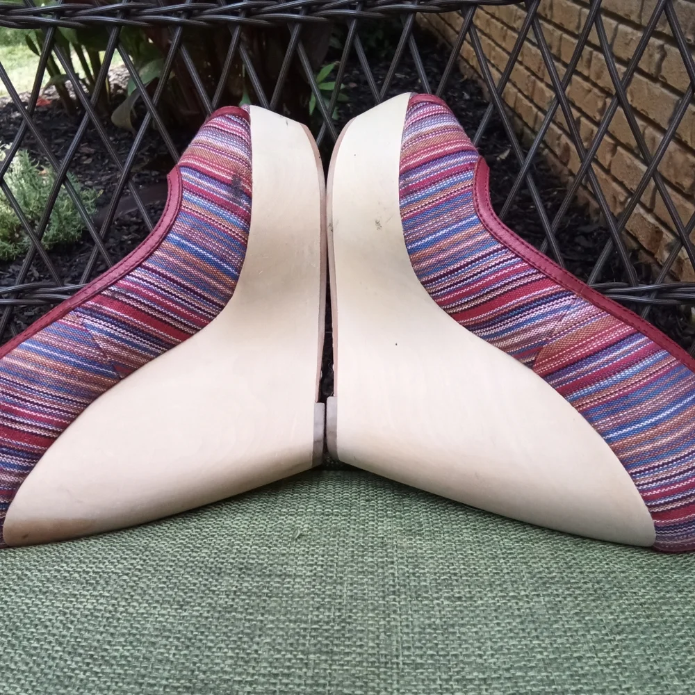 True Religion Regan Retro Striped Peep Toe Wedges